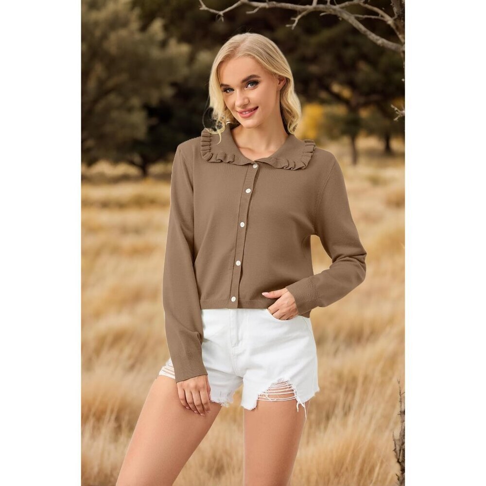 Womens Ruffle Collar Cropped Cardigan Lightweight Knit Fall Casual Large - Picture 4 of 5